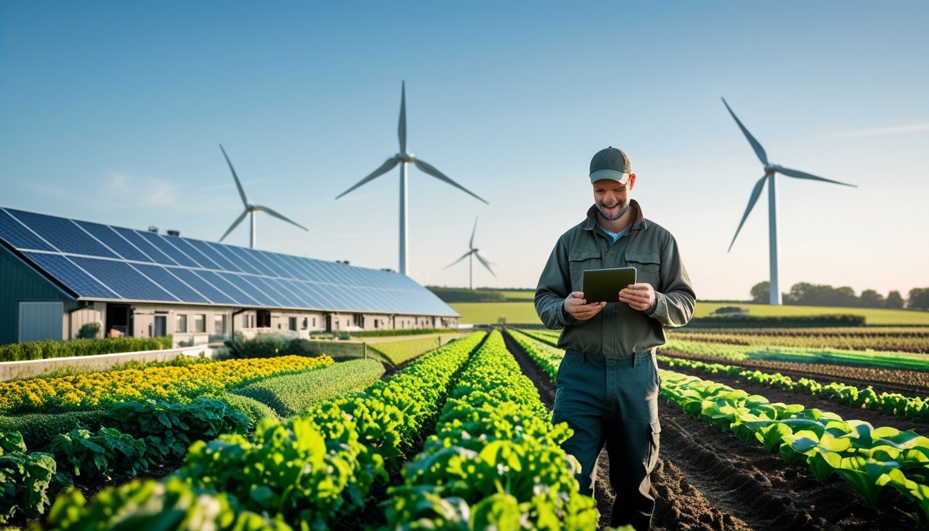 A farmer using a tablet in a green UK farm with solar panels, wind turbines, and diverse crops.