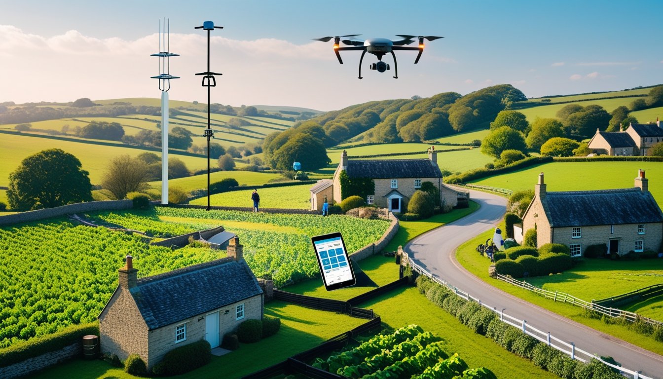 A UK countryside scene with green hills, stone cottages, a farmer using a tablet, and a drone flying overhead, showing technology in rural life.