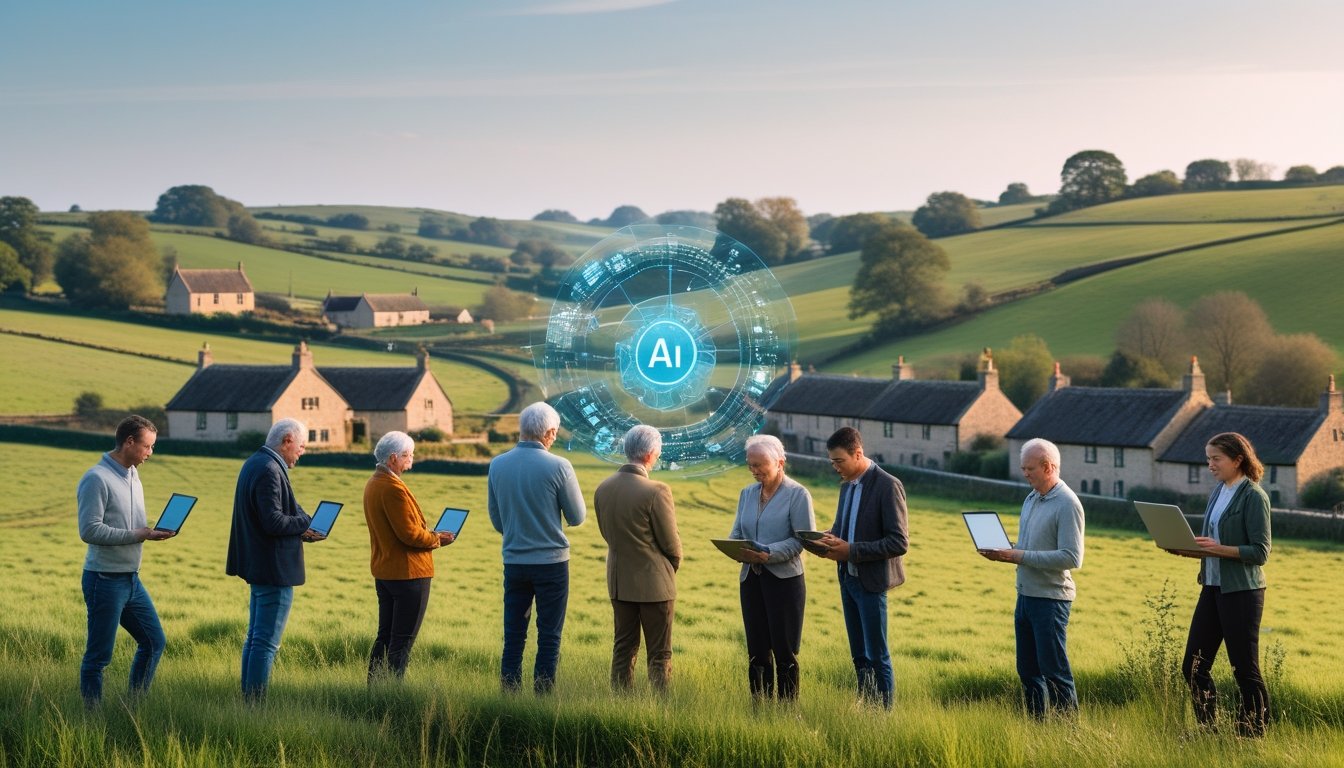 A group of people using laptops and smartphones outdoors in a green UK countryside with hills, cottages, and farmland in the background.