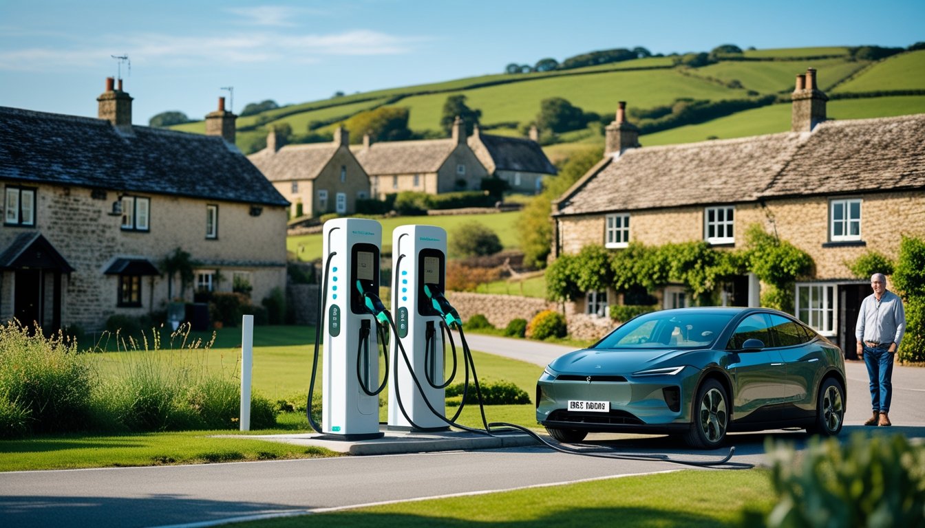 Electric vehicle charging station in a rural UK village with traditional cottages and green hills, showing an electric car plugged in and a local resident nearby.