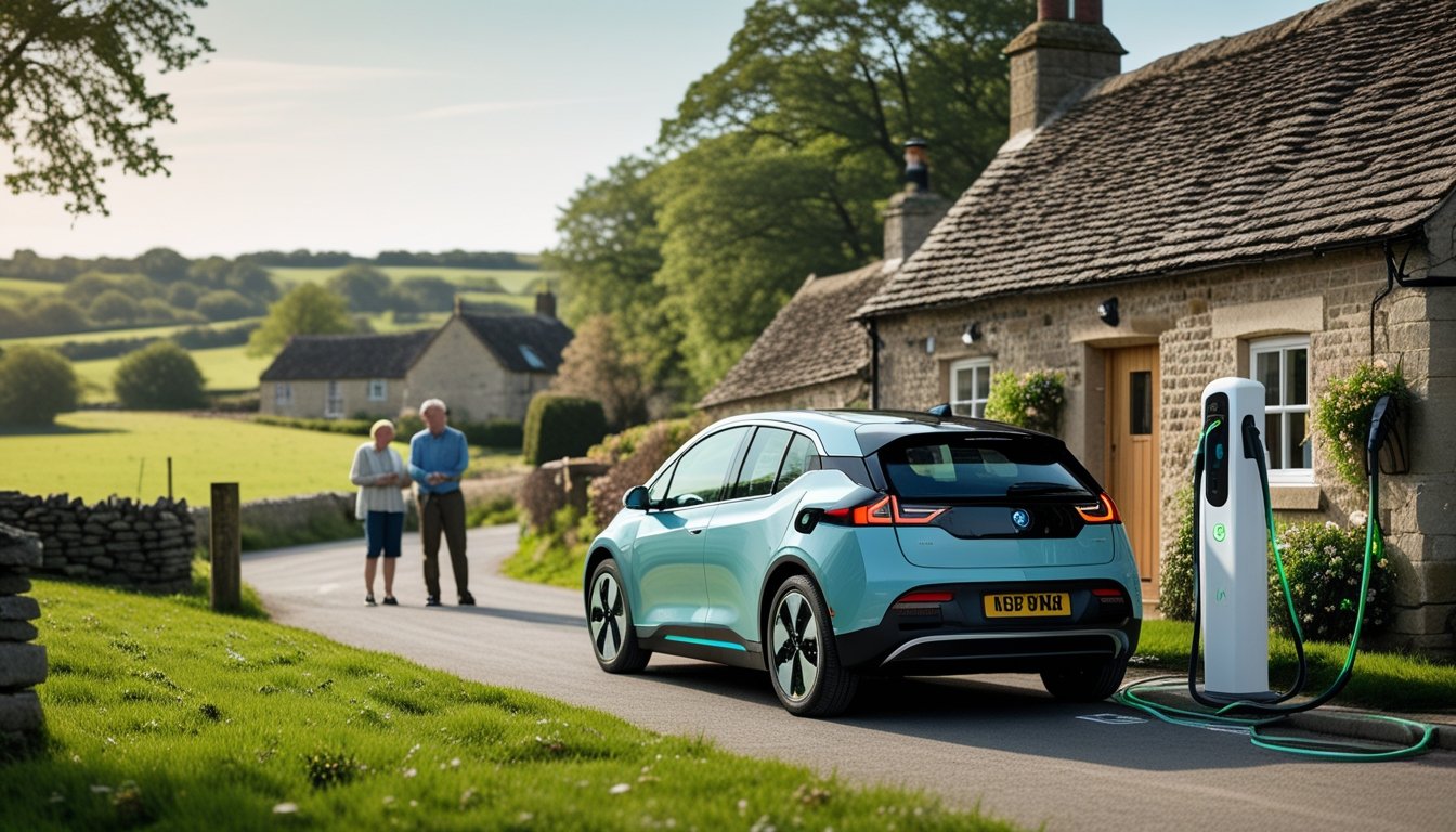 An electric car charging near a stone cottage in a green rural UK village with villagers talking nearby.