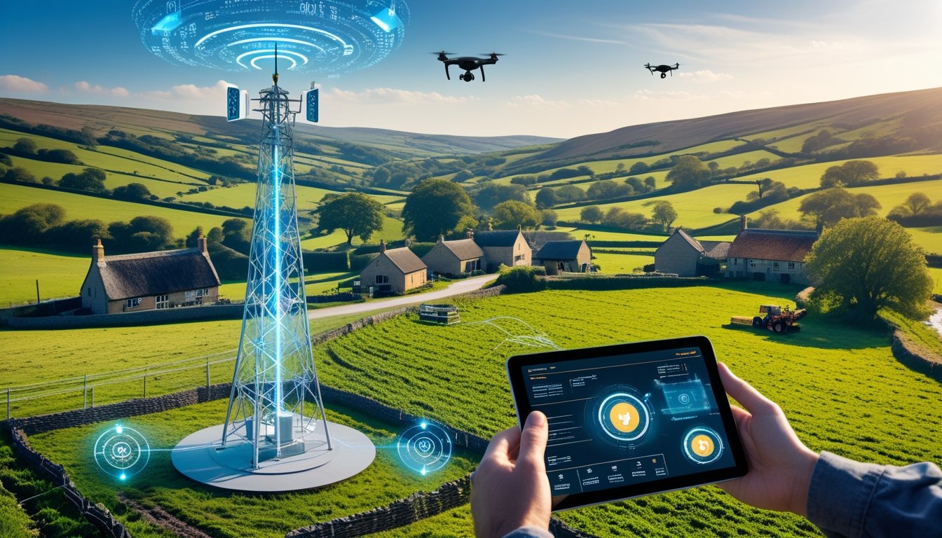A UK countryside scene with green hills, cottages, a communication tower emitting digital signals, a farmer using a tablet, and drones flying overhead.