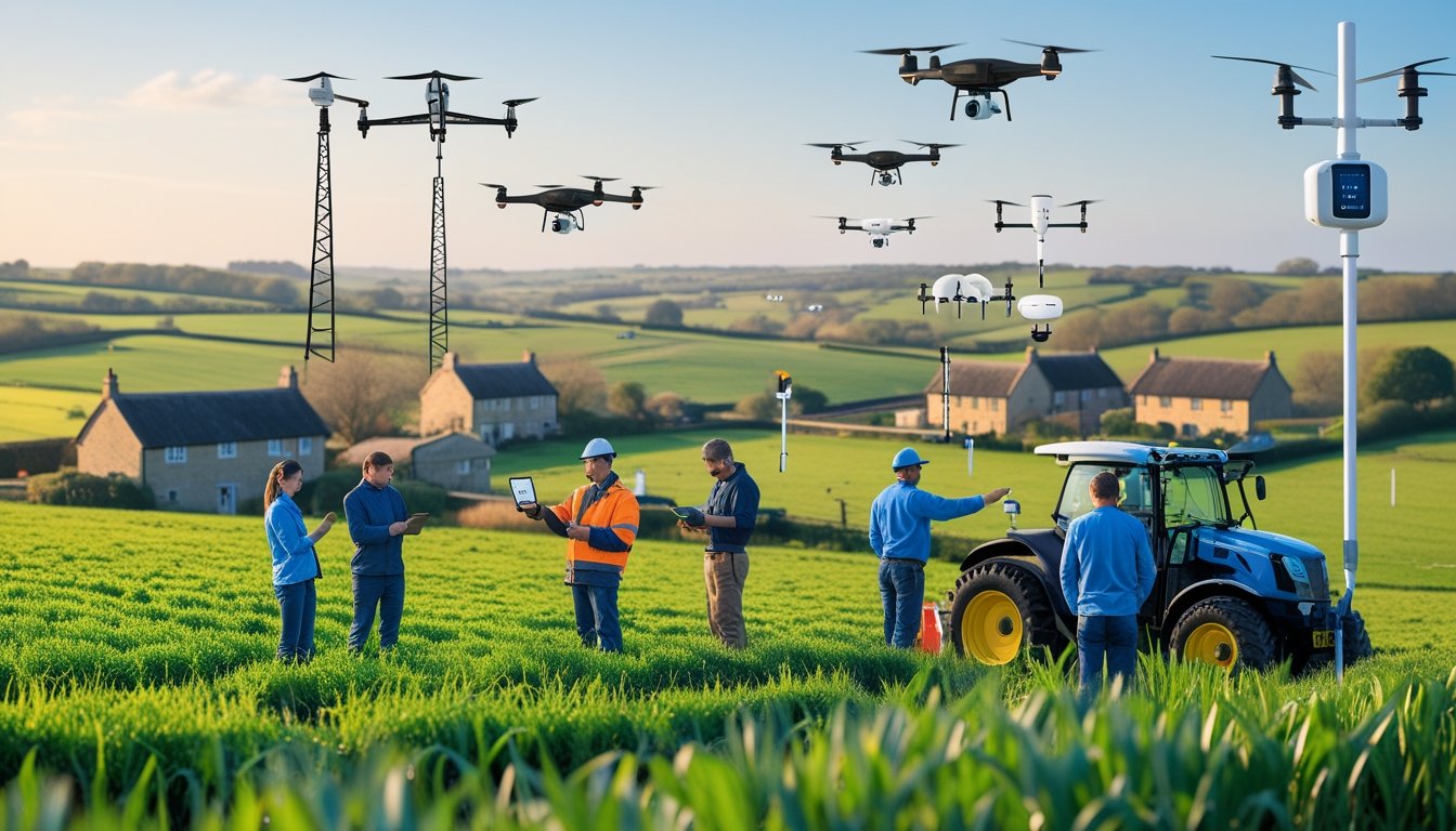 A rural UK landscape with green fields, cottages, a farmer using a tablet, drones flying, and a technician working on connectivity equipment.