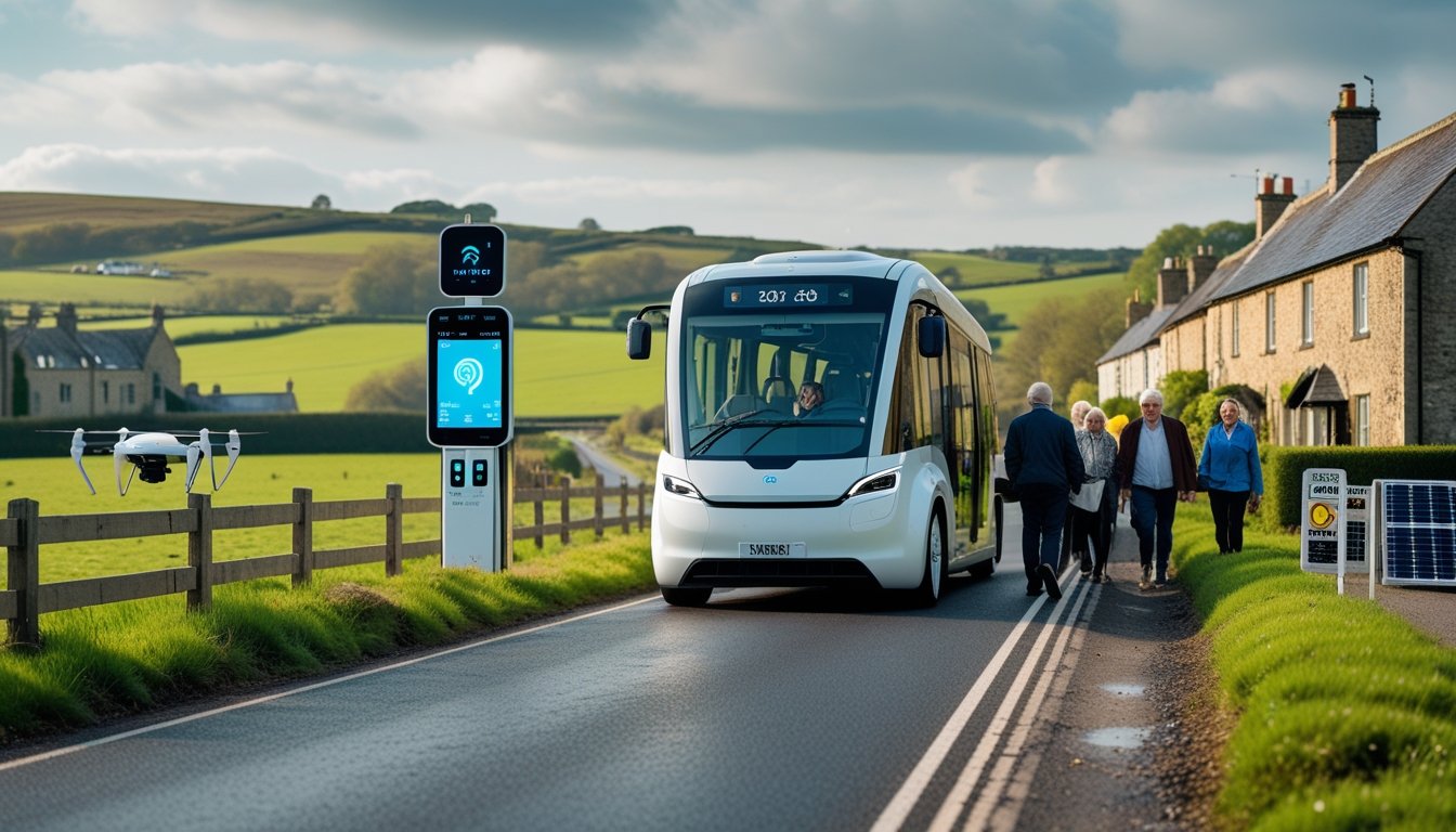 An autonomous electric shuttle bus driving along a countryside road with green fields and stone cottages, with passengers boarding and smart traffic signs nearby.