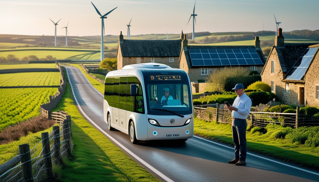 An autonomous electric shuttle bus driving on a countryside road with green fields and stone cottages, a person using a smartphone nearby, and wind turbines in the background.