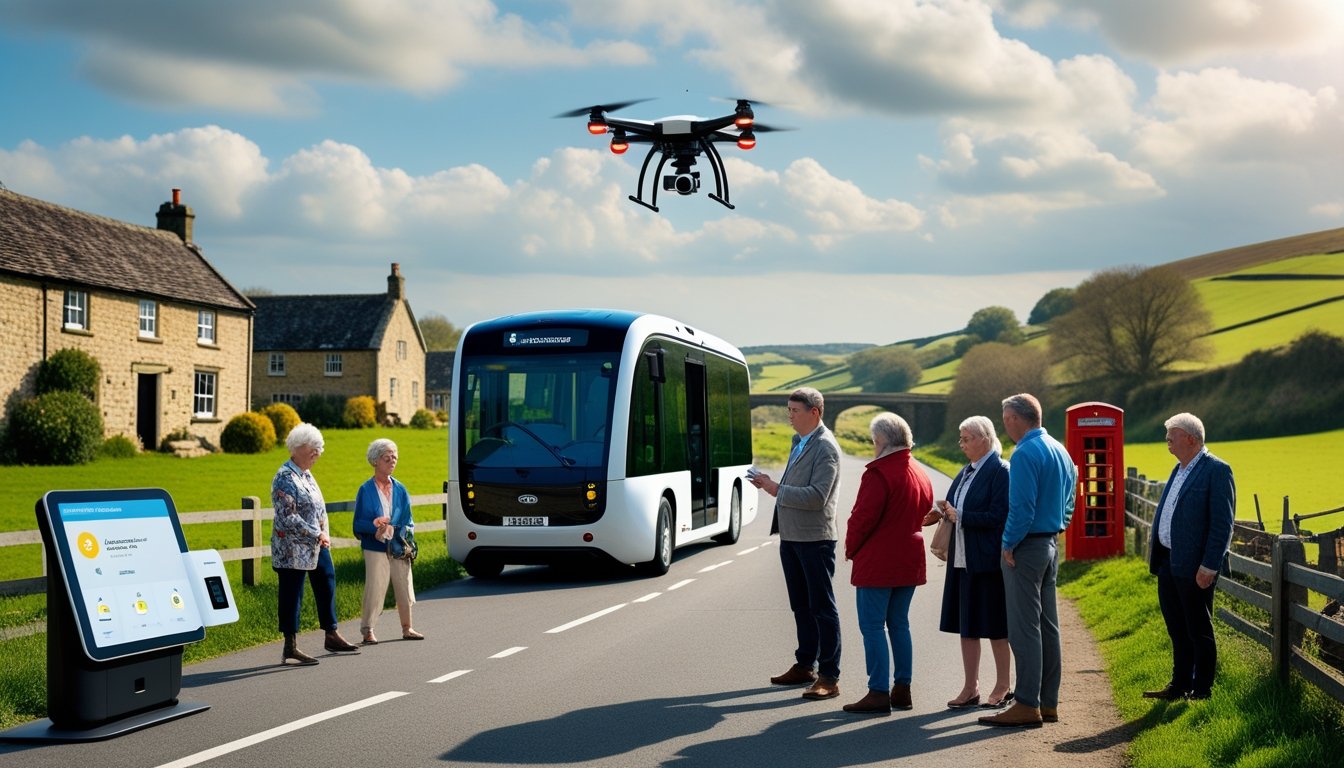 An autonomous electric shuttle bus on a country road with people using a touchscreen kiosk, surrounded by green fields, stone cottages, and rolling hills.