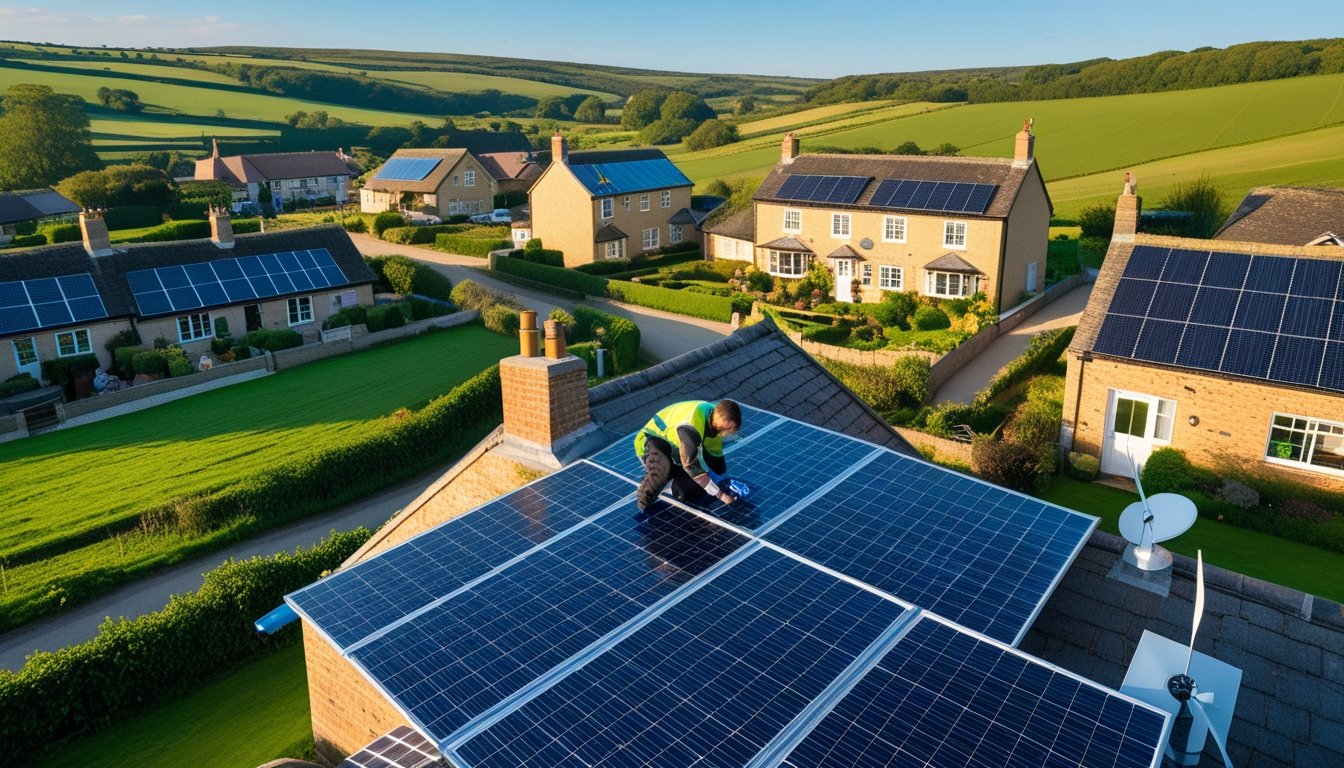 Rural UK homes with solar panels and wind turbines surrounded by green fields and hills, with a technician inspecting a solar panel.
