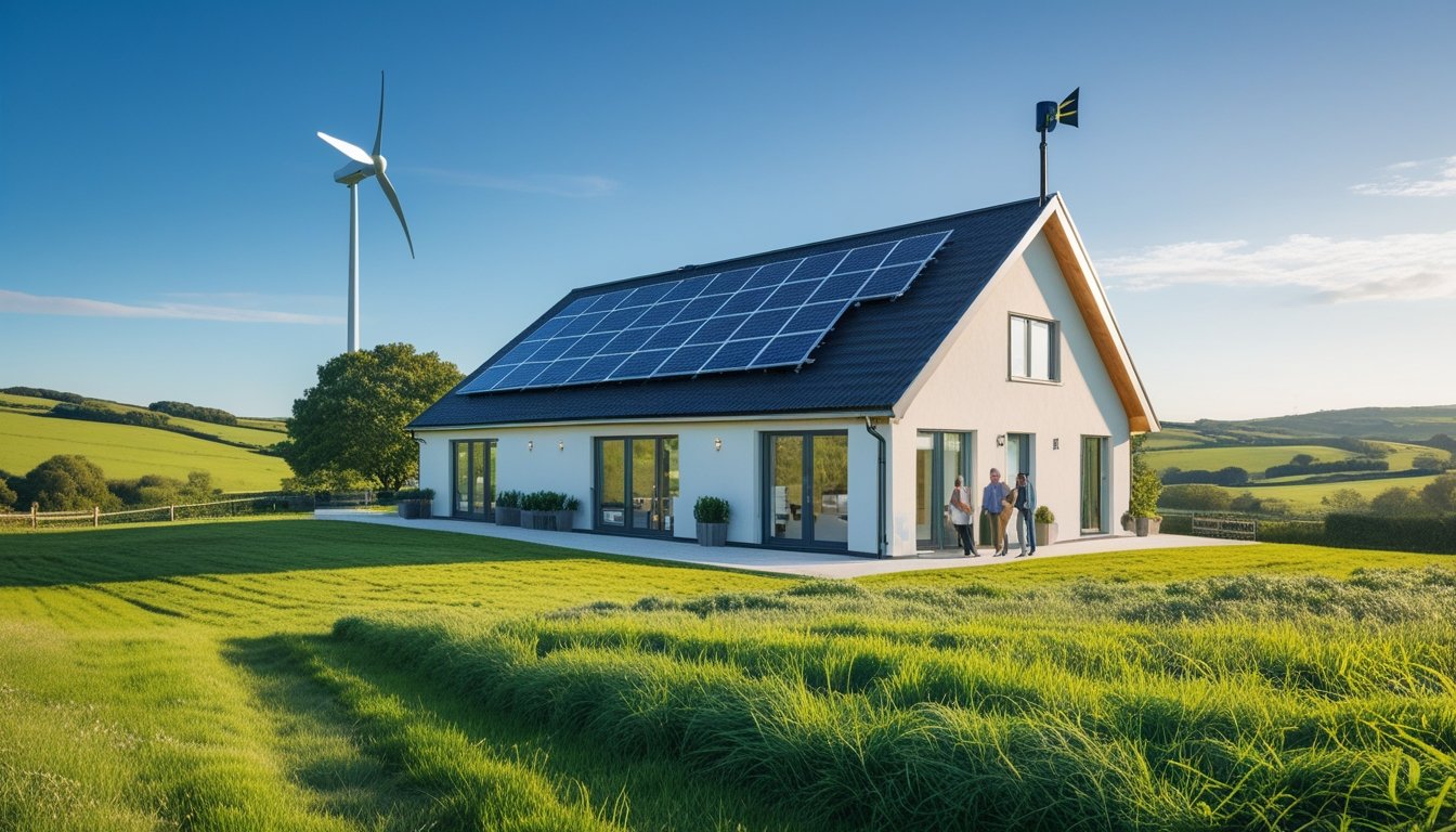 A rural UK home with solar panels and a wind turbine, surrounded by green fields and hills, with people outside discussing energy plans.